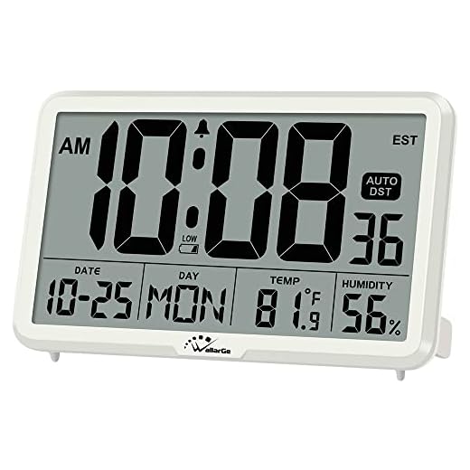 WallarGe Auto Set Digital Wall Clock Battery Operated, Desk Clocks with Temperature, Humidity and Date, Large Display Digital Calendar Alarm Clock for Elderly, Bedroom, Office, 8 Time Zone, Auto DST.