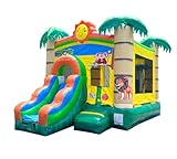Crossover Inflatable Bounce House with Slide with Blower 18 x 12 x 14.5 Foot Tropical Smiley Face Bouncy House Combo Waterslide with Basketball Hoop, Water Misting System, Stakes and Storage Bag