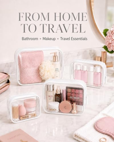 Image of LETGO Small Clear Toiletry Bag, 4 Packs TSA Approved Water resistant Quart Size Travel Organizer, Airport Airline Travel Essential Carry On Makeup Cosmetic Bags for Women (White, Pack of 4)