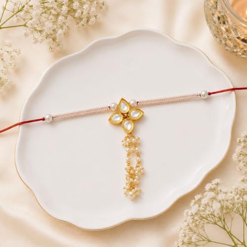 Image of I Jewels Rakshabandhan Designer Handcrafted Pearl & Kundan Rakhi with Roli Chawal for Brother /Bro /Men