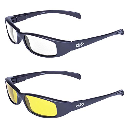 Global Vision 2 Pair New Attitude Black Sport Motorcycle Riding Sunglasses 1 with Clear Lens and 1 with Yellow Lens