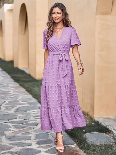 Image of MASCOMODA Women Boho Swiss Dot Maxi Dresses Wrap V Neck Flutter Short Sleeve Solid Tie Waist A Line Tiered Flowy Long Dresses