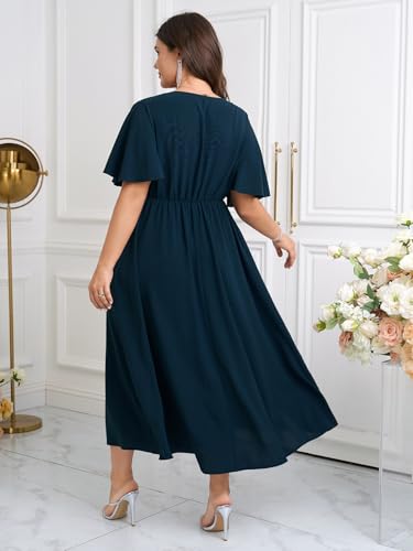 Image of SHESTARR Womens Plus Size Wrap V Neck Dress Short Flutter Sleeve Pleated Empire Waist Ruffle A Line Maxi Long Dresses