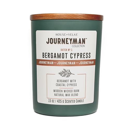House of Velas Journeyman Collection Candle, 15oz, Wooden Wick, Bergamot Cypress, Large Painted Jar