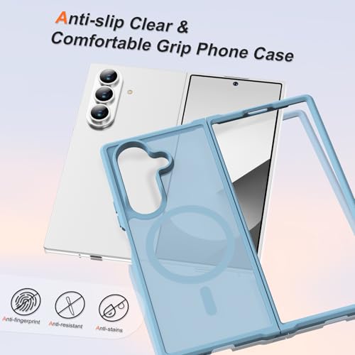 Image of ORETECH Magnetic for Samsung Galaxy Z Fold 7 Case, Translucent Back Non-Slip Hard PC Shockproof Bumper Protective Phone Case Cover for Samsung Z Fold 7 - Sierra Blue