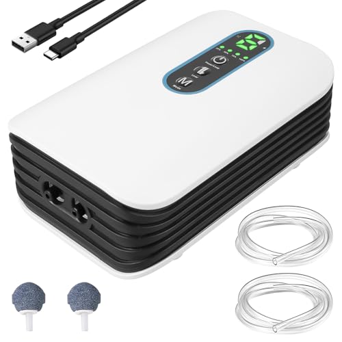 Aquarium Luftpumpe, Sauerstoffpumpe 4800mAh Akku, Doppel Auslass(5L/min), 6-Stufig Einstellbarer Luftstrom, Ultra-leise USB Aquarium pumpe für Aquarien, Gartenteiche Angeln Stromausfälle