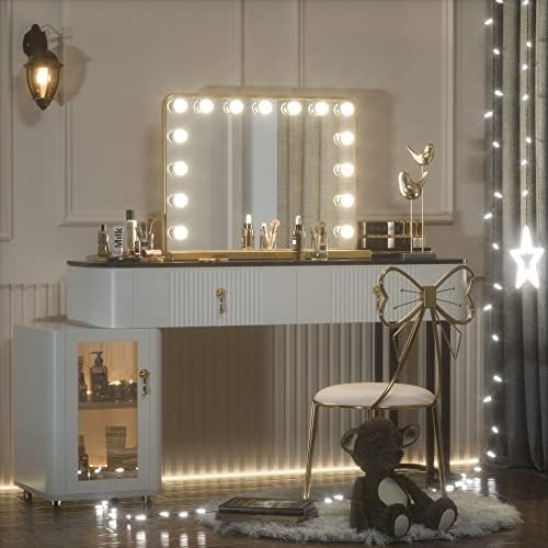Keonjinn - Gold Vanity Mirror with Lights, 15 Replaceable Bulbs, 3 Color Lights, Aluminum Metal Frame, USB Charging Port, Wall and Table Mountable, 23" x 18"
