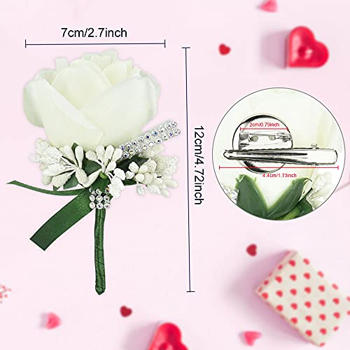 4 PCS Rose Wedding Boutonniere White Boutonniere Handmade Corsage Buttonhole Flowers Artificial Wedding Prom Banquet Flowers Decor with Pin&Clip for Groom Men Bridal Women Suit Dress