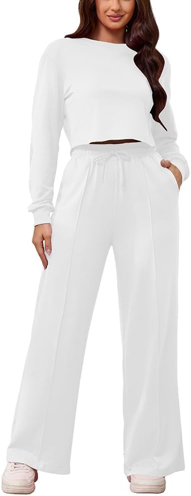 PINSV Women's 2 Piece Outfits Sweatsuit Set Long Sleeve Crop Top Drawstring Wide Leg Pants with Pockets Tracksuits Casual Set - Image 5