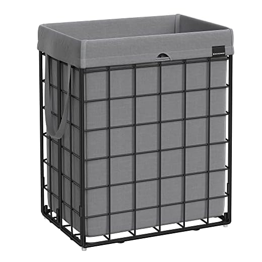SONGMICS Laundry Hamper, 23.8 Gal (90L) Laundry Basket, Collapsible Clothes Hamper, Removable and Washable Liner, Metal Wire Frame, for Bedroom Bathroom, Black and Gray ULCB190G01