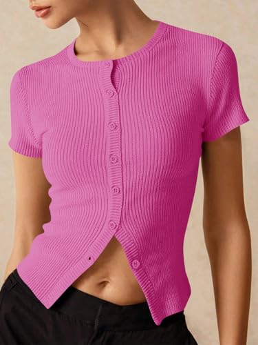Image of Imily Bela Womens Short Sleeve Sweater Tops Summer Button Down Casual Ribbed Knit Slim Fit Cropped Cardigan Shirts