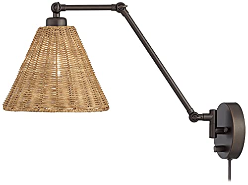 Barnes And Ivy Rowlett Swing Arm Adjustable Wall Mounted Lamp With Cord Bronze Plug-In Light Fixture Natural Rattan Shade For Bedroom Bedside House Reading Living Room Home Hallway Dining #TOP7