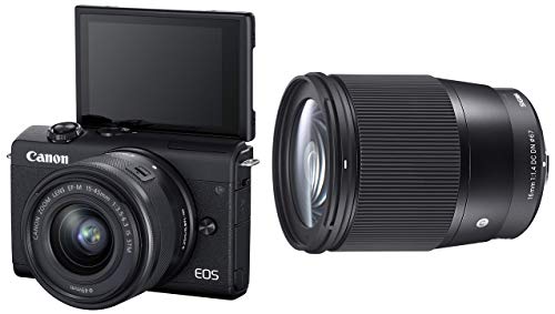 Image of Canon EOS M200 Mirrorless Camera, EF-M 15-45mm f /3.5-6.3 is STM Lens, 24.1 MP, 16 GB Memory Card + Sigma 16mm f /1.4 DC DN Contemporary Lens Black