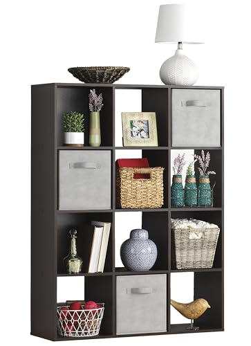 Whitmor 12 Cube Storage Organizer 4 Tier Stackable Mdf Wood Bookcase Open Storage Display Bookshelf Storage Cabinet for Living Room Bedroom Home Office 35.1L x 11.7W x 47.5H Espresso