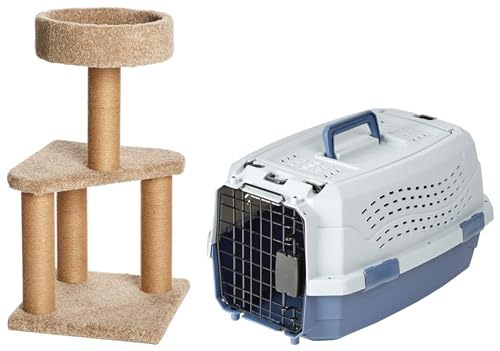 Image of AmazonBasics Two Door Top Load Pet Carrier, Small Size (1 Piece,19-inch) & AmazonBasics Cat Activity Tree with Scratching Posts, Medium