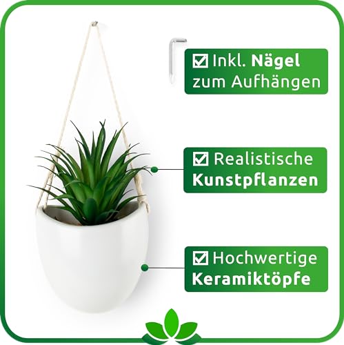 PASCH® Zestaw 3 sztucznych roślin w wazonach ściennych z białej ceramiki | mała roślina wisząca (15 cm) wraz z gwoździam