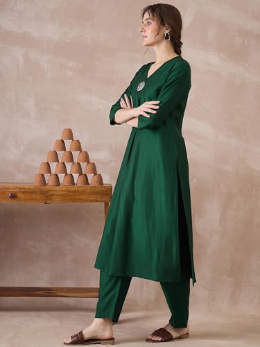 Image of INDO ERA Women's Viscose Solid A-Line Calf Length Kurta & Pant Set (IESTR12352)