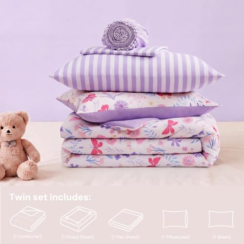 Image of Twin Comforter Set with Sheets for Girls-5 Pieces Twin Floral Bedding Sets