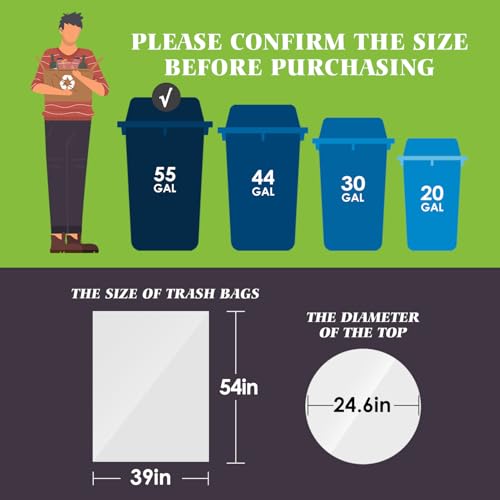 Image of Teivio Large Clear Trash Bags 55-60 Gallon 20 Counts Fit 50,55,60,Gal All Purpose Garbage Bags, Extra Large Lawn and Leaf Bags Outdoor Trash Can Liner, Drum Liners, Workshops, Backyard