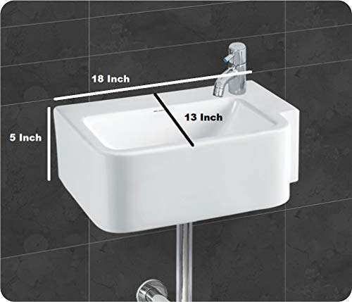 Image of Wash Basin Wall Hung cum Counter Table Top Mounted Glossy Finish White Sink for Bathroom 18 x 13 x 5 Inch