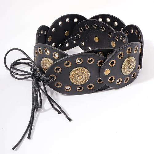 IZUS Women Western Disc Cowgirl Belt Vintage Wide Country Waist-Rope PU-Leather-Studded Belts for Dresses 2.35 inch3