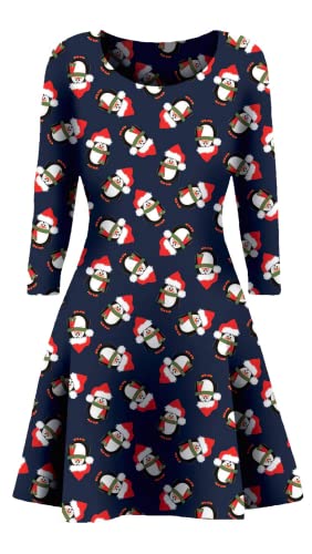 Womens Christmas Party Dress Snowman Swing Dress Novelty Printed Skater Xmas Dress Secret Santa Gift Penguin Ver 4 ML