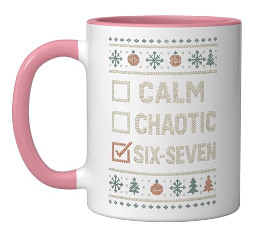 Christmas 67 Meme Calm Chaotic Six Seven Xmas Ugly Sweater Ceramic Mug, Pink/White