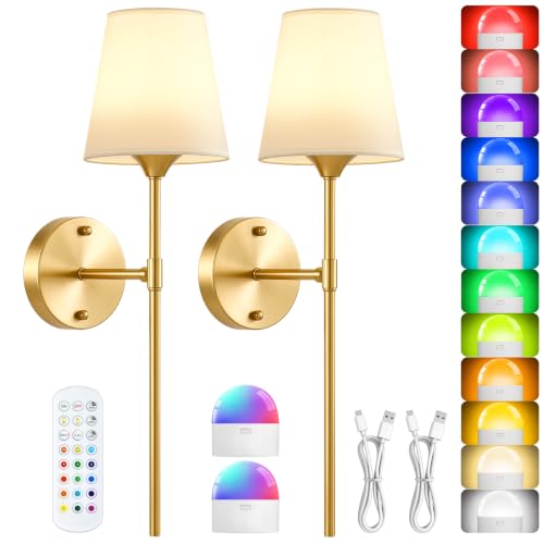 DAKAFUL Battery Operated Wall Sconce Set of 2, Gold Rechargeable Wall Lights with Remote - 3CCT Adjustable Color Temperature | RGBW LED, Dimmable Wireless Wall Lamps for Bedroom Indoor Decor