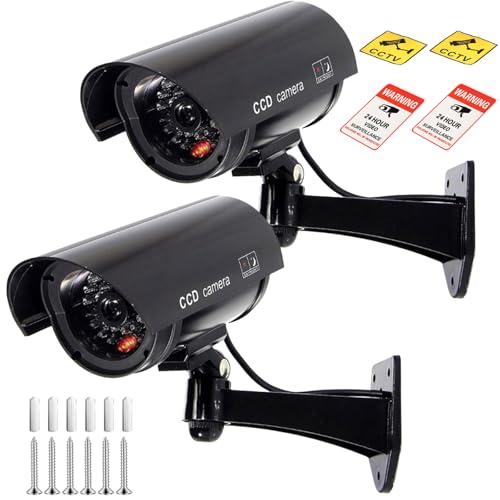 2 cámaras falsas para exteriores, cámara de seguridad falsa, cámara de vigilancia CCTV, con LED intermitente rojo, cámara de seguridad falsa para interior y exterior, color negro