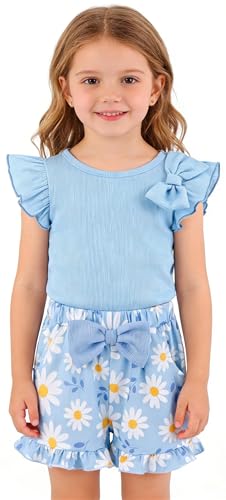 Image of Barlver Girls 2 Piece Short Set Baby Girl Summer Clothes Ruffle Sleeve T-Shirt and Bow Knot Shorts Toddler Girl Outfit Set