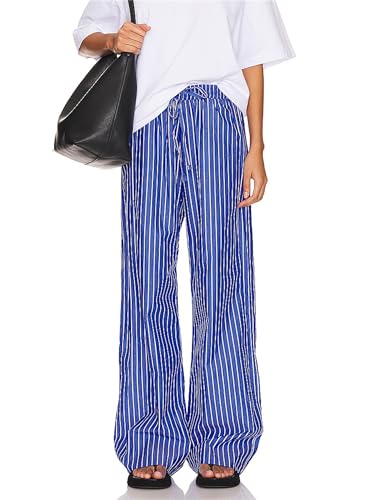 Women's Y2k Striped Print Long Pants Casual Loose Fit Wide Leg Drawstring Lounge Pants Vintage Summer Going Out Pants4