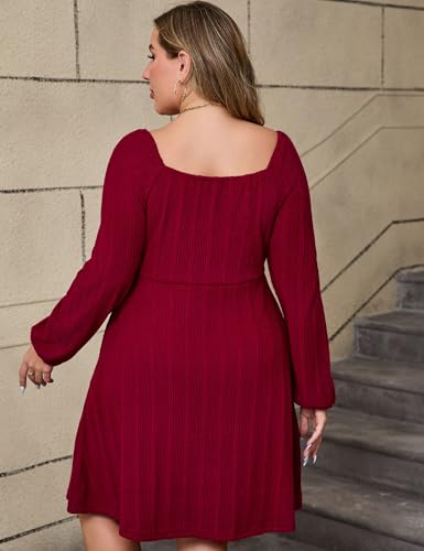 Image of KOJOOIN Womens Plus Size Sweater Knit Dress Square Neck Long Sleeves Tie Front Casual Midi Pullover Fall Dress with Pockets