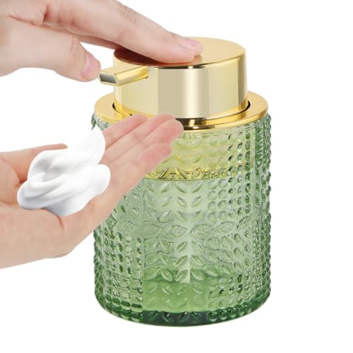 Fvstar Foaming Soap Dispenser,10 Oz Glass Soap Dispenser with Gold Pump,Bathroom Hand Soap Dispenser Bottle with Vintage Pattern,Green Foam Hand Soap Dispenser for Bathroom and Kitchen,1