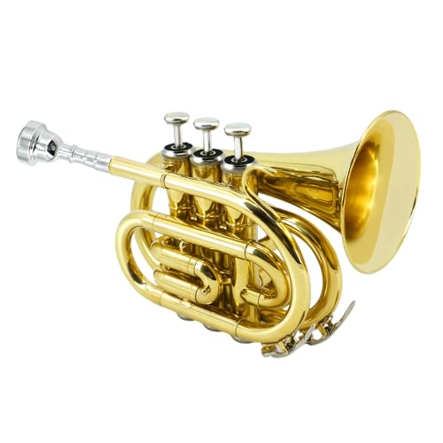 WUQIMUSC Messing Pocket Trompete Bb Schlüssel vernickelt mit Mundstück 7C, Reinigungsset, Tragetasche, Handschuhe für Anfänger/Studenten (Golden)