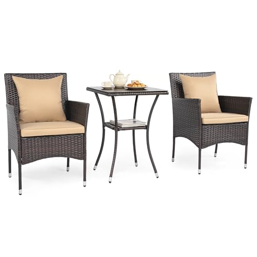 GIANTEX Juego de Muebles de Jardín 3 Piezas, 2 Sillones con Cojines y 1 Mesa con Tablero de Cristal, Conjunto de Muebles de Ratán para 2 Personas, Juego de Bistró para Balcón, Patio (Marrón+Marrón)
