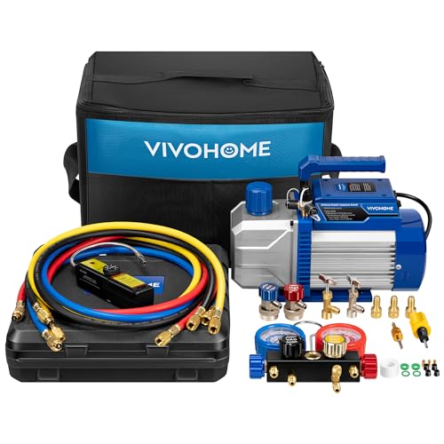 VIVOHOME 110V 1/3 HP 5CFM Single Stage A/C Vacuum Pump and 4 Way AC Manifold Gauge Set Kit with Leak Detector 5ft Hoses for R134a R12 R22 R502 R410a HVAC Air Conditioning Refrigeration Recharging