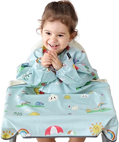 PewinGo Weaning Bib & BLW Attaches and Fully Cover to Baby Highchair, Long Sleeves Bib with Waterproof, Comfortable,Machine Washable, Suitable for Baby Infant -Grey,Toddler Bib