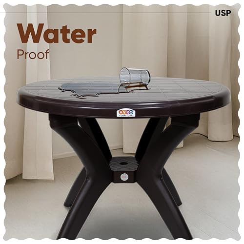 Image of AVRO Furniture Alfa Plastic Round Dining Table, 4 Seater, Contemporary Design, Indoor & Outdoor Use, Lightweight, Easy to Clean, 100 Kg Capacity, 95x95x73.5 cm, Brown