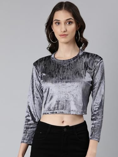 Image of SHOWOFFFF Women Shimmer Casual Top | Round Neck Full Sleeves Nylon Top's for Womens | Regular Fit Crop Tops for Women's