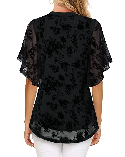 Image of Timeson Women's Short Sleeve V Neck Blouses Shirts Floral Double Layers Mesh Tunics Tops