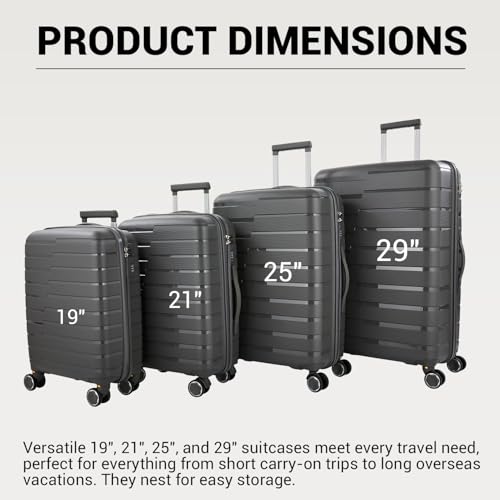 Luggage Sets 4 Piece with Spinner Wheel, PP Hard Shell Suitcase Set with TSA Lock, Expandable Lightweight Travel Luggage(19/21/25/29") for Men and Women, Dark Grey - Image 5