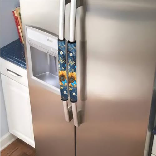 Image of 6 PCS Fridge Oven Door Handle Covers Kitchen Electrical Appliance Decor Handles Washable Fabric Indoor Decor Keep Off Stains Dust Fingerprint, Marble Sunflower Butterfly Daisy Dark Blue