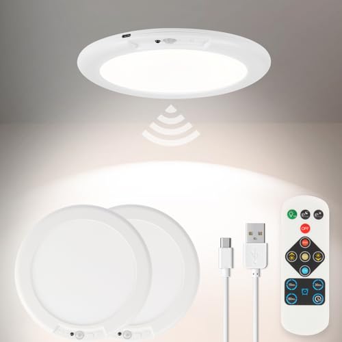 Auncko 2 Pack Rechargeable Ceiling Light, Closet Lights Motion Sensored, Battery Powered Ceiling Light with Remote No Wiring, Wireless Ceiling Lights for Stairs, Garage, Hallway, Porch, Pantry, Shed