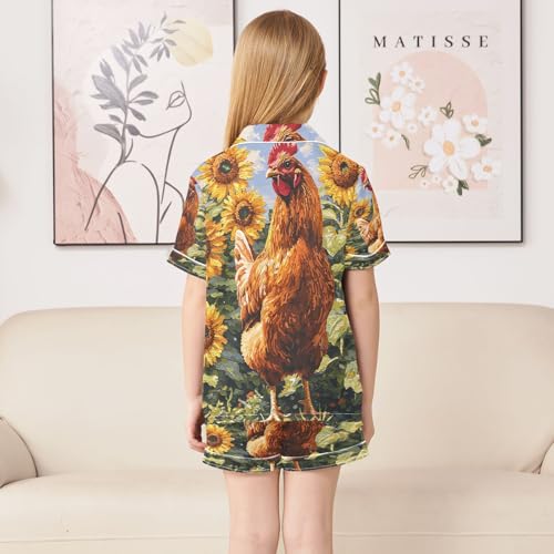 ALAZA Retro Chicken Sunflower Blossom Satin Pajamas Set Short Sleeve Button Down Sleepwear Summer Pjs 2 Piece4