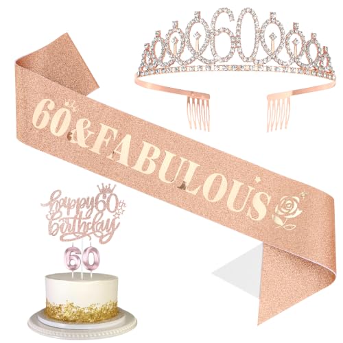 CIEHER 4Pcs Rose Gold 60th Birthday Crown &amp; Sash 60 Candles 60 Cake Topper