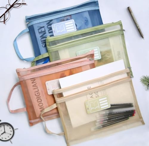 Image of Shuttle Art A4 mesh Zipper Document Pouch Clear File Organizer with Handle,Transparent PVC Folder Bag for School Office Travel,Pastel Zip Document Holder,Stationery Storage Envelope case for Papers