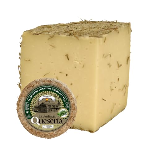 La Antigua Queseria Queso Artesano Curado con Romero, Leche Cruda de Oveja, Curación Mínima 6 Meses, Corteza con Manteca de Cerdo Ibérico, CUARTO DE QUESO DE 750 g (Aprox)