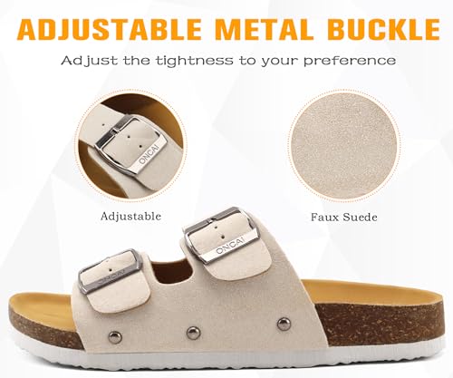 Image of ONCAI Womens Flat Slide Sandals with Arch Support 2 Strap Adjustable Buckle Slip on Slides Shoes Non Slip Rubber Sole
