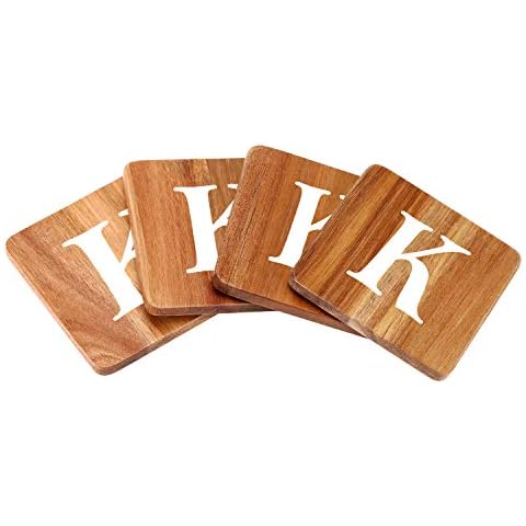 Wood Coasters for Drinks - 4-Pack Square Cup Coasters Personalized Monogram Coasters | Funny Housewarming Gift Wedding Decorations Or Even for Your Kitchen, Office Desk & Coffee Table Cover