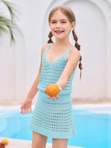 Image of Haloumoning Girls Sleeveless Crochet Swimsuit Cover Up Kids Summer Hollow Out Knitted Beach Dress 7-14 Years